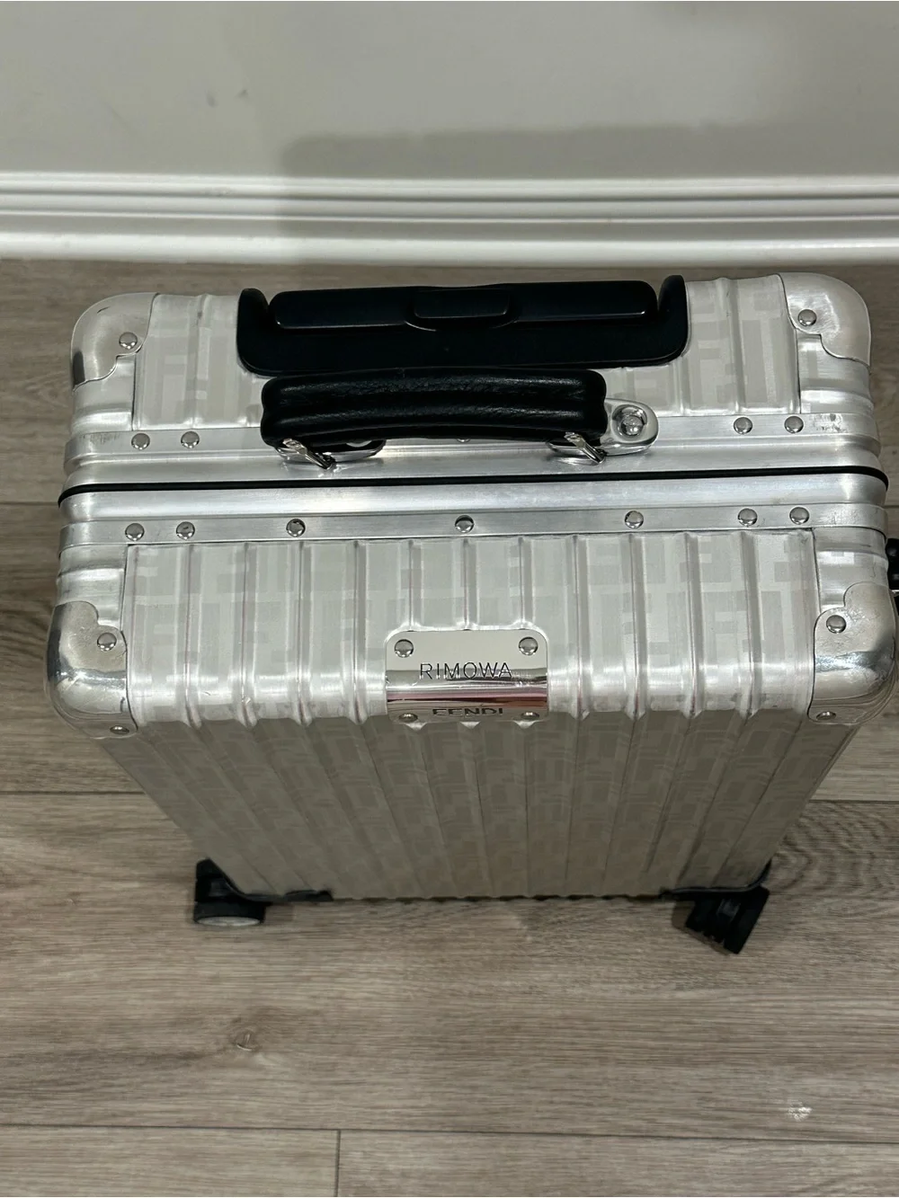 Fendi x Rimowa Silver Aluminum Hardcase Carry-On with Black Handle